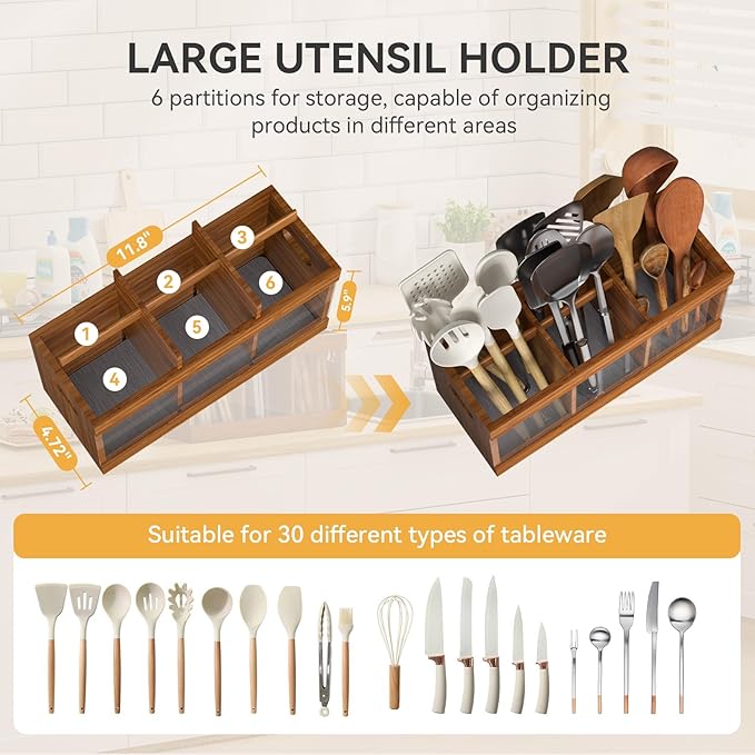 Yofidra Bamboo Utensil Holder & Silverware Organizer: Extra Large Cooking Holder with Absorbing Drying Stone and 6 Compartments Kitchen Countertop Storage Farmhouse Decor Accessories, Brown