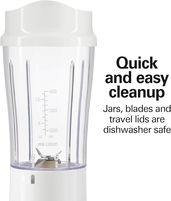 Hamilton Beach Portable Blender for Shakes and Smoothies,14 Oz BPA Free Travel Cup & Lid,Durable Stainless Steel Blades,Personal Smoothie Blender,2 Jars - White (51102V),(Pack of 2)