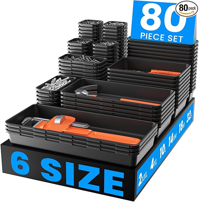 A-LuGei 【𝟲𝗦𝗜𝗭𝗘 & 80PCS Tool Box Organizer【Fits 100+ Tools】 Black Garage Organization and Storage Tray Divider Set, Desk Drawer Organizer, Toolbox for Rolling Tool Chest Cart WorkBench Small Part