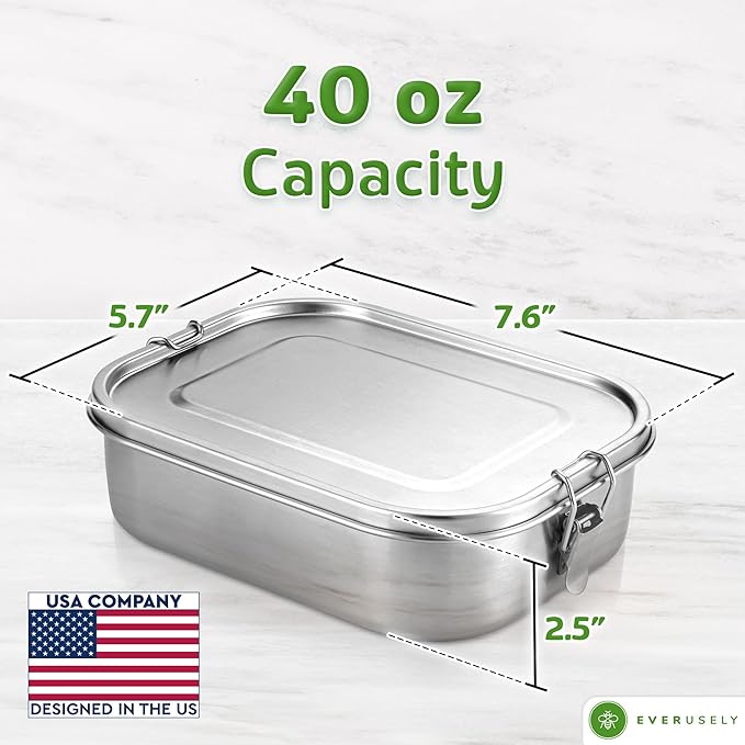 Everusely - Bento Box - Stainless Steel Lunch Box for Adults - 40 oz, 1.2 L - 3 Compartment Snack Container with Removable Silicone Seal + Secure Lock Clips - Non Plastic, Leakproof, Dishwasher Safe