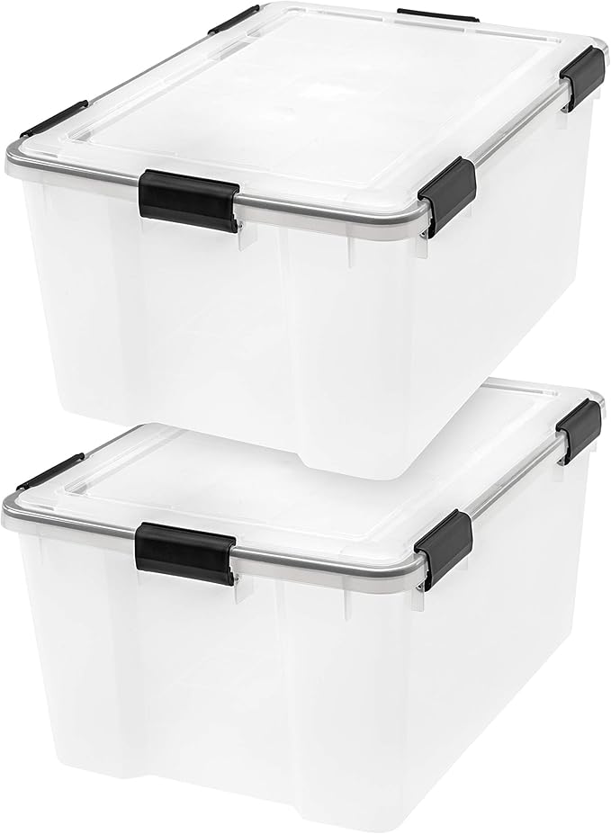 IRIS USA WeatherPro 63 Qt Storage Bins with Lids, 2 Pack, BPA-Free Plastic Gasket Box with Tight Latch and Seal, Stackable Nestable Tote Tub - Clear/Black