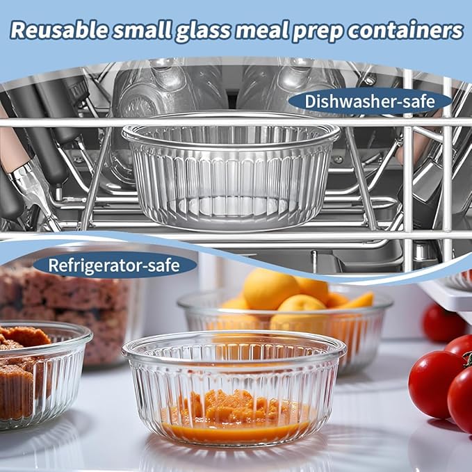 H.JSS WDJS 1.5 cup Round Glass Food Storage Containers with Lids, 12oz Small Glass Meal Prep Containers set, Heat-Resistant BPA-Free Round food bowl for Leftover. Microwave, Dishwasher & Freezer Safe