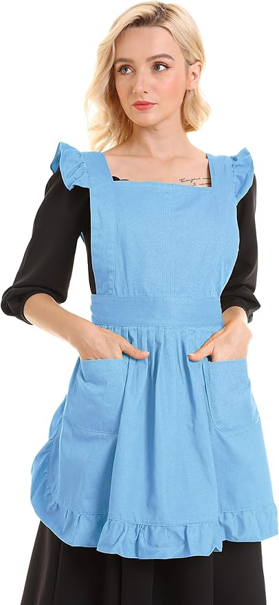 Retro Adjustable Ruffle Apron Kitchen Cooking Baking Cleaning Maid Costume (Blue)