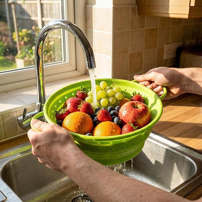 3 Pack Collapsible Colander with Strainer Bowl Set, 11 & 13 In BPA-Free Silicone Colanders for Kitchen, Heat-Resistant Strainer Dishwasher Safe Baskets for Vegetable Fruits (Green)