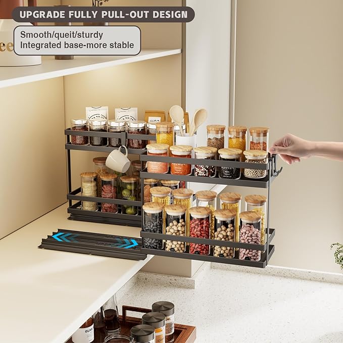Magheo Pull Out Spice Rack Organizer for Cabinet, 4 Pack Metal Seasoning Organizer Slide Out Spice Storage Shelf No Assembly Vertical Spice Rack Pullout for Kitchen & Bahthroom No Drill(2 Tier,Black)
