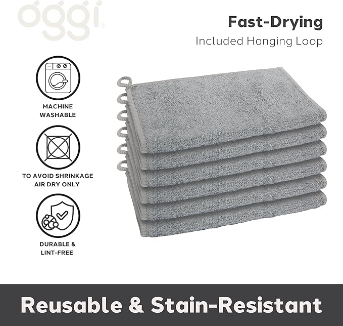 Oggi Bambou Odor-Free Kitchen Washcloths - Natural Kitchen Dish Cloths, 91% Bamboo-Derived Rayon Cellulose Fiber, Reusable, Absorbent, Hygienic, Fast Dry, Durable, Non-Scratch, Lint-Free - 6 pcs, 7x9