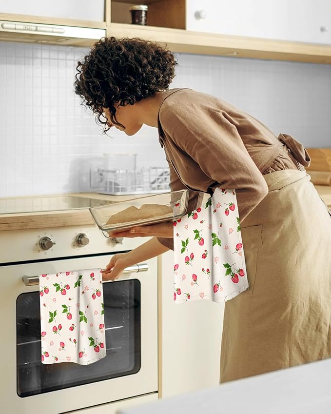 Miss Adola Flour Sack Kitchen Towels - Set of 2 Spring Dish Towels with Hanging Loop 18x26 Inch Absorbent Reusable Cotton Cloths for Cleaning Cute Design Home Decorative Housewarming, Color Strawberry