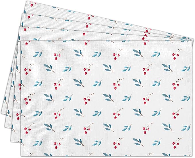 Cotton Linen Waterproof Placemats Set of 4, Berries Dining Mat Table Mats Decor Fabric for Kitchen Dinner Coffee Shop Table, Indoor/Outdoor Washable Wipeable Placemat -N033