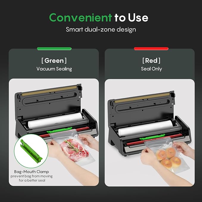 FRESKO Food Vacuum Sealer with Automatic Bag Detection, 0.2-inch Widened Heating Strip, Built-in Bag Roll Storage & Cutter, 2 Rolls Bags, Starter Kit