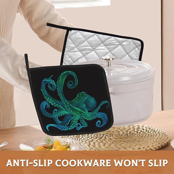 Green Octopus Pot Holders Set of 2 Heat Resistant Potholders,Fire Oven Hot Pads for Kitchen Cooking Baking Barbecue