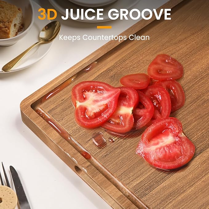 Acacia Wood Cutting Boards for Kitchen, 17x12 Inch Butcher Block with Deep Juice Grooves & Non-Slip Handle Reversible Chopping Board for Meat Cheese Vegetables