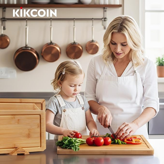 Kikcoin Over Sink Bamboo Cutting Boards for Kitchen - 3+1 Piece Self-Draining Healthy Wood Cutting Board Set with Built in Handle& Spout, Charcuterie& Meat Extra Large Butcher Chopping Boards, Natural