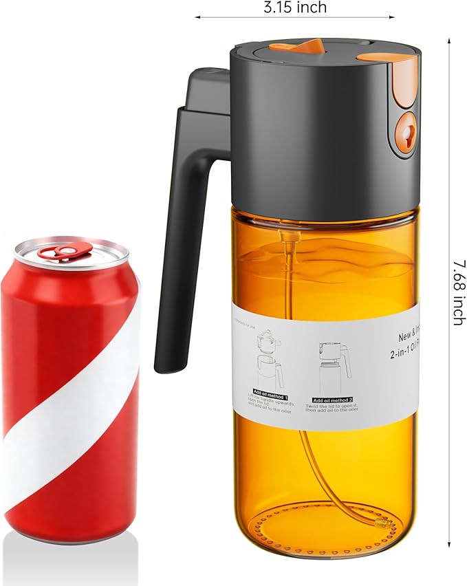 OURCABECUE Upgrade 2 in 1 Oil Sprayer for Cooking, 17oz Light-Blocking Glass Olive Oil Dispenser Bottle for Kitchen,Food-Grade Oil Mister with 8 Stickers for Salad, Frying(Amber Bottle-Black Gap)