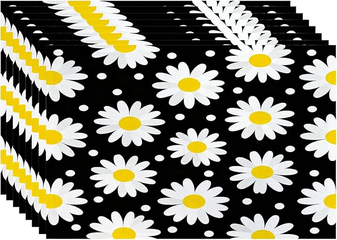 Batmerry Daisy Black White Placemats, Texture Circle Doodle Tiny Flowers Beauty Washable Linen Table Mats for Kitchen Table Double Insulation Decor Dining Set Indoor Outdoor 12X18 in Set of 8