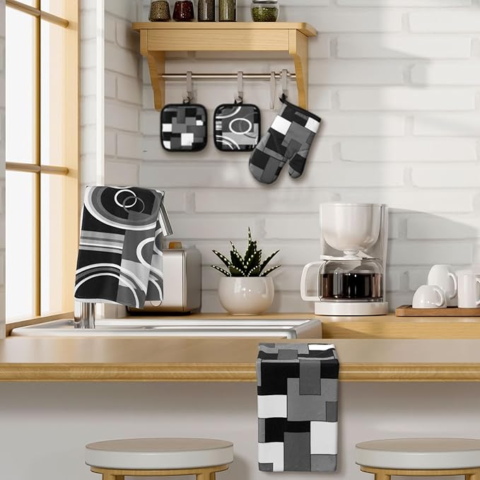 Jingmore 6 Pcs Kitchen Decor Set Accessorie Farmhouse Kitchen Towels Pot Holders Oven Mitts Set 2 Dish Towels 2 Pot Holders 2 Cooking Mittens Oven Glove for Cooking (Gray and Black,Geometric)