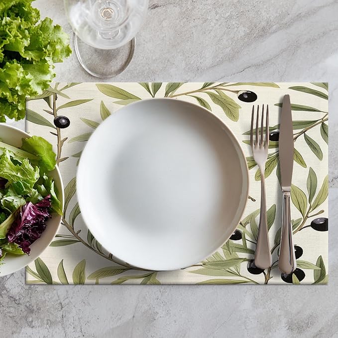 Batmerry Olive Branches Placemats, Leafy Olive Pattern Washable Linen Table Mats for Kitchen Table Double Insulation Decor Dining Set Indoor Outdoor 12X18 in Set of 8