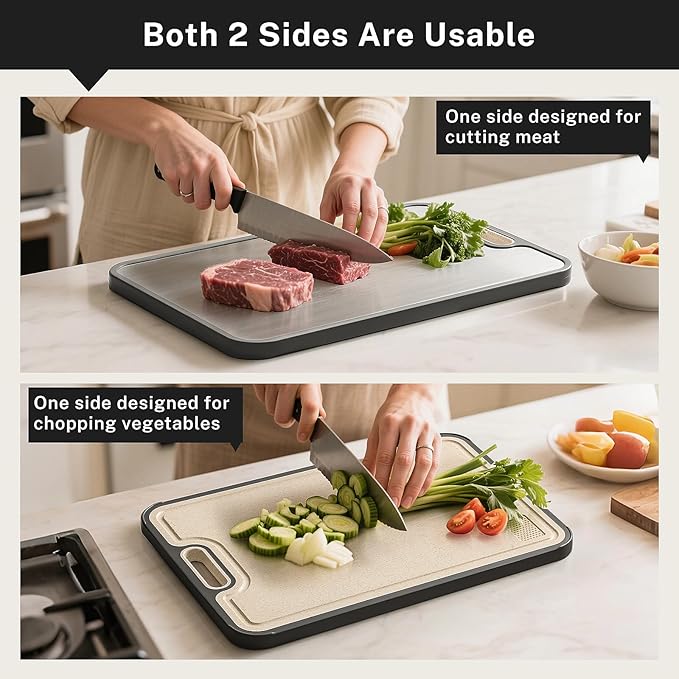 Titanium Cutting Board, Double Sided Cutting Boards for kitchen, Pure Titanium and Wheat Straw PP, Food-Grade, non Toxic - Easy to Clean