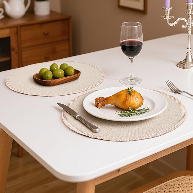 Round Placemats Set of 6, 15 Inch Linen Fabric Table Placemats, Heat Resistant, Wrinkle Free Washable Placemats Kitchen Place Mats Set of 6 for Dining Table Party Table (Beige, 6)