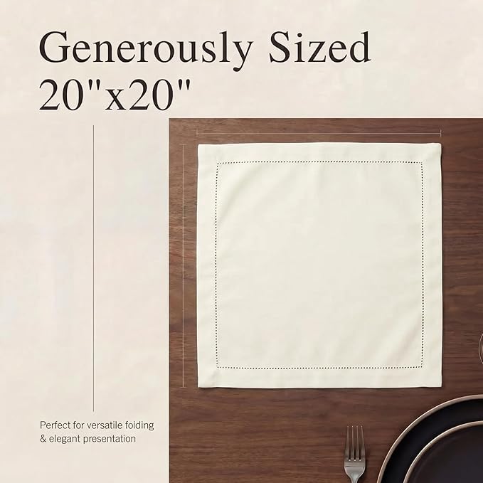 Urban Villa Cloth Napkins Ivory Hemstitch Dinner Napkins Set of 12 (20X20)100% Cotton Absorbent Washable Durable Reusable Ideal for Easter Decorations Farmhouse Parties Restaurant Lunch Dinner Napkins