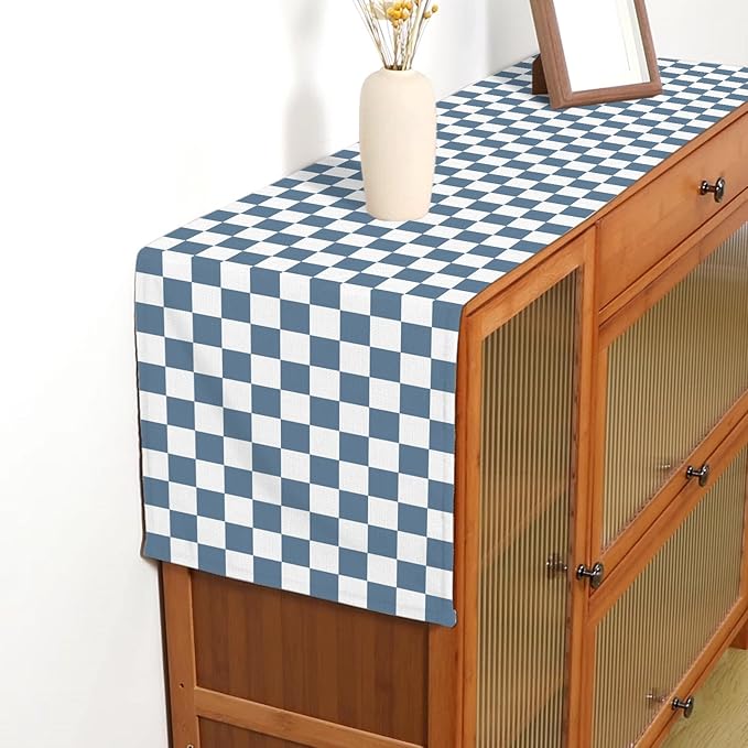 Dusty Blue Checkered Table Runner Gingham Birthday Party Decoration Wedding BBQ Dining Room Home Kitchen Table Decor (Dusty Blue, 13" x 72")