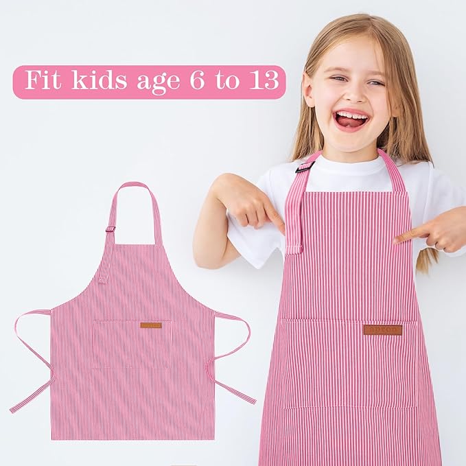 2 Pack Stripes Kids Apron, Kids Cooking Aprons with 2 Pockets, Cute Aprons for Cooking for Boys and Girls