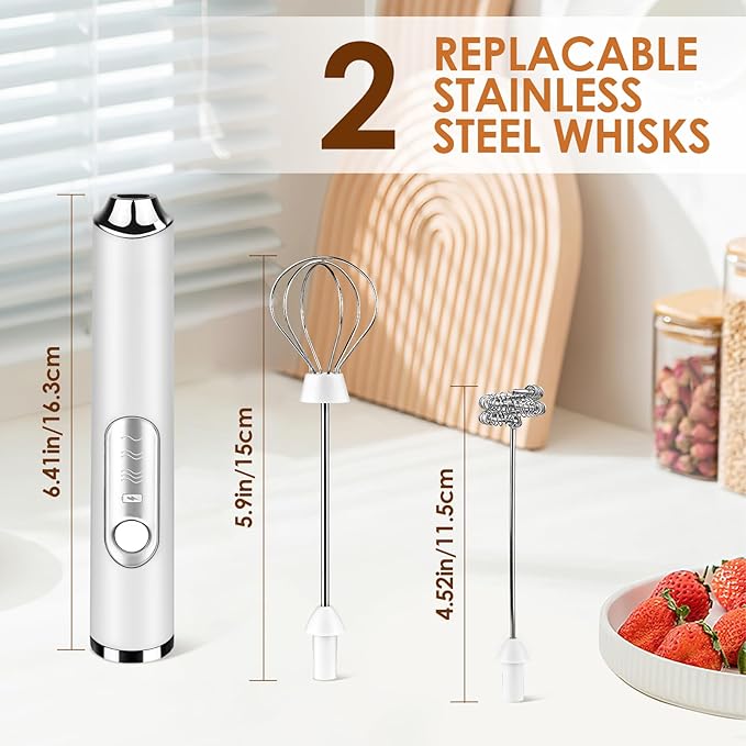 Handheld Milk Frother, rechargeable milk frother with 2 Stainless Steel Whisks 3 Speeds Electric Drink Mixer, Coffee Mixer Wand for Latte, Cappuccino, Matcha, Hot Chocolate, Egg (White)