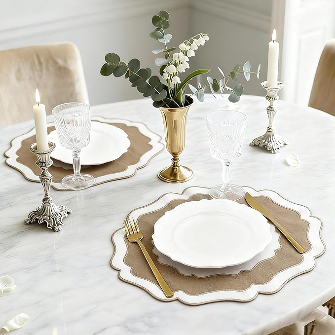 Embroidery Cotton Linen Placemats Set of 4, HADEEONG Table Mats Cloth Placemats, Washable Wrinkle Resistance, Double Layer Scalloped Fabric Placemats, 17.7 x 13.4inch (White with Brown, 4)