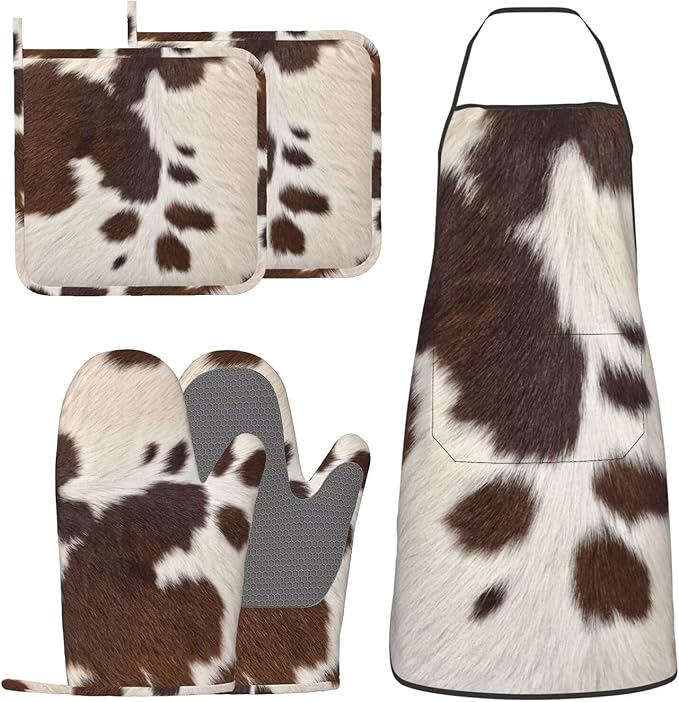 Cow Print Oven Mitts Pot Holders Cooking Apron Set of 5 Silicone Brown Cowhide Western Farmhouse Kitchen Glove Cow Print Apron Non-Slip Heat Resistant for Chef Baking Cooking Grilling BBQ