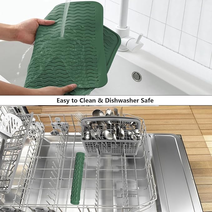 ZLR Silicone Dish Drying Mat & Heat Resistant Trivet (12" x 16") - Waterproof Counter Protector for Air Fryer, Coffee Maker - Non-Slip, BPA Free Kitchen Pad, Easy Clean Dishwasher Safe (Green)
