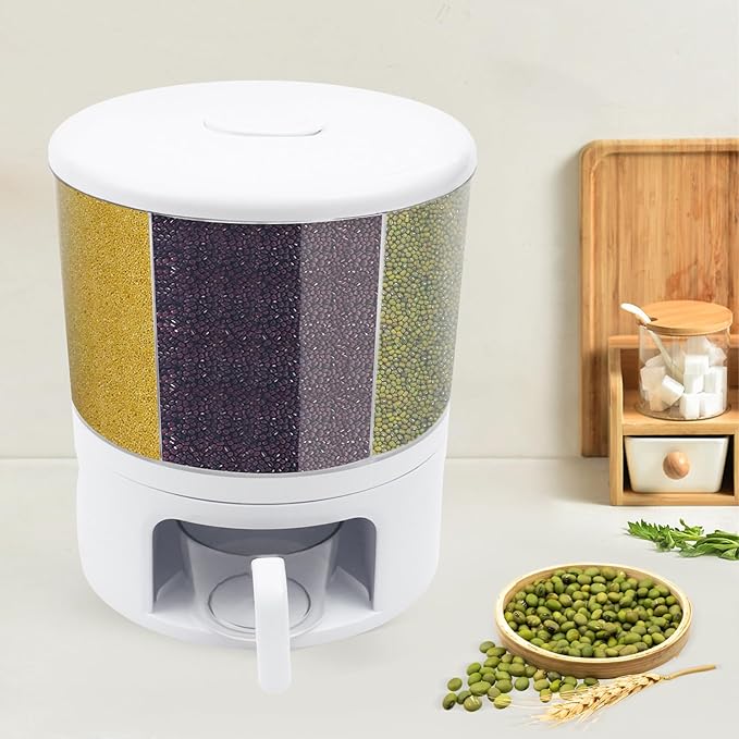 360° Rotating Grain Dispenser With 6 Grids, 24lbs Large Capacity Grain Dispenser Rotating Kitchen Storage Containers With Sealed Lid For Peanut Barley Millet And Cereal(White)