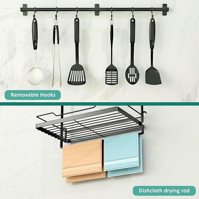 NADAMOO Kitchen Utensil Hanger and Spice Rack with Towel Rack Holder，Wall Mount Space Saving Metal Storage Organizer for Pantry, Countertop, Bathroom