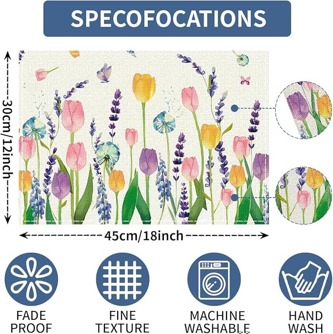 Niviy Floral Spring Placemats Set of 6, Easter Placemats Tulip Butterfly Table Mats Spring Table Decorations for Home Party 12x18 Inch