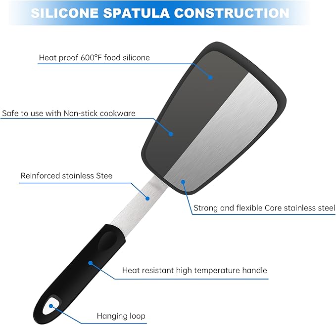 Flexible Turner Rubber Silicone Spatula for Flipping Eggs, Burgers, Crepes and Fish, Non-stick Silicone Spatula and 600F Heat-resistant Kitchen Cooking Utensils,2 Pack