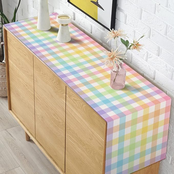 Pudodo Easter Buffalo Plaid Check Table Runner Spring Holiday Farmhouse Fireplace Kitchen Dinning Room Home Party Decoration (13" x 120")
