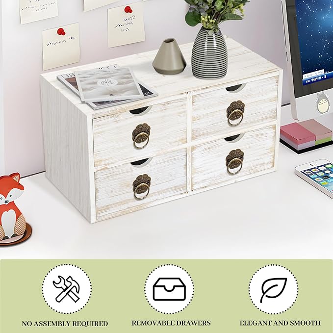 Wood Desk Organizer, White Wooden Desktop Organizer with Drawer, Tabletop Storage Organization Box for Countertop, Home Office Supplies Bills, 13.5x6.6x7.09 Inch(4 Drawer)