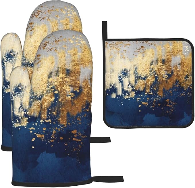 Blue and Gold Watercolor Abstract Oven Mitts and Pot Holder Sets of 3, Non-Slip Heat Resistant Decor Navy Kitchen Gloves with Hanging Loop for Cooking Baking Grilling, Kitchen Gifts for Cooking Lover