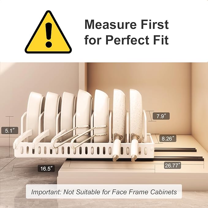 Pots and Pans Organizer Under Cabinet 2 Pack, Pull-Out Cabinet Organizer for Pot Lids, Bakeware, Dishes, 8 Adjustable Dividers (White