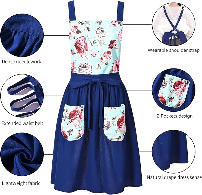 Pinknoke Vintage Pinafore Apron Dress for Women with Pockets Cute Floral Chef Aprons for Kitchen Cooking Baking Gardening