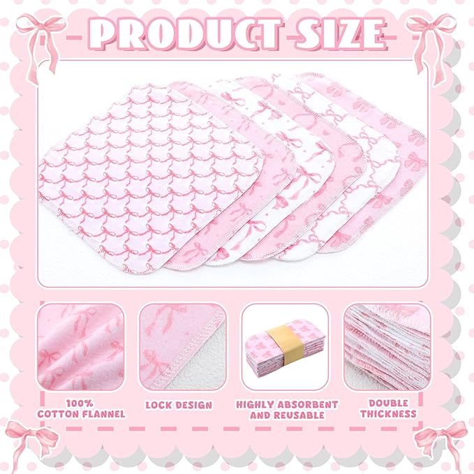 Kinlop 24 Pcs Lunchbox Cloth Napkins Bulk Reusable 2 Ply 8" x 8" Bow Style Flannel Wipes Washable Soft Cotton Sturdy Absorbent Cloth Placemats for Dining Thanksgiving Home Party