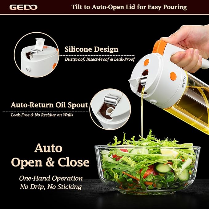 GEDO 2-in-1 Oil Sprayer & Dispenser, Borosilicate Glass Oil Bottle with Auto Open/Close Lid, One-Press Refill & Ergonomic Handle, Mist & Pour for Cooking, Salad, Air Fryer, BBQ