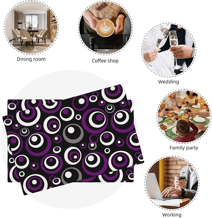 Purple Black Geometric Circles Linen Placemats 12 x 18 Inch Set of 4, Washable Heat Resistant Purple Table Mats for Dining Table Kitchen Party Wedding Outdoor, Modern Home Decor & Gift for Art Lovers