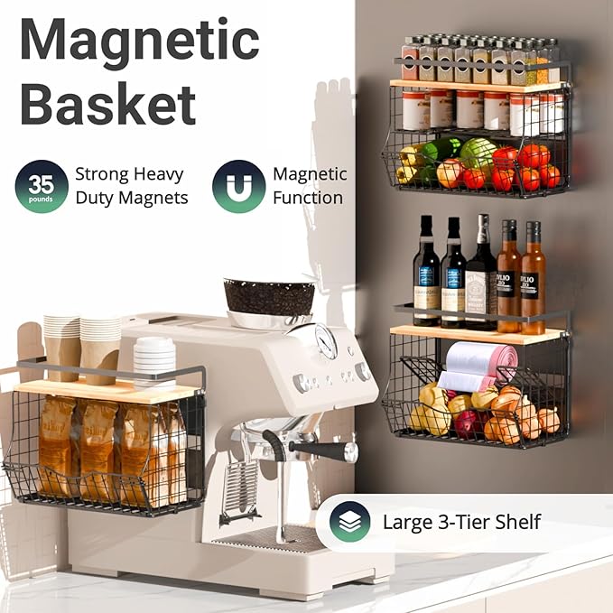 Magnetic Shelf for Fridge with Wood Lid, Fruit Potato and Onion Storage Bins, Kitchen Large Container Magnetic Spice Rack for Refrigerator, Kitchen Counter, Tools, Snack (BLACK, 2 Pack)