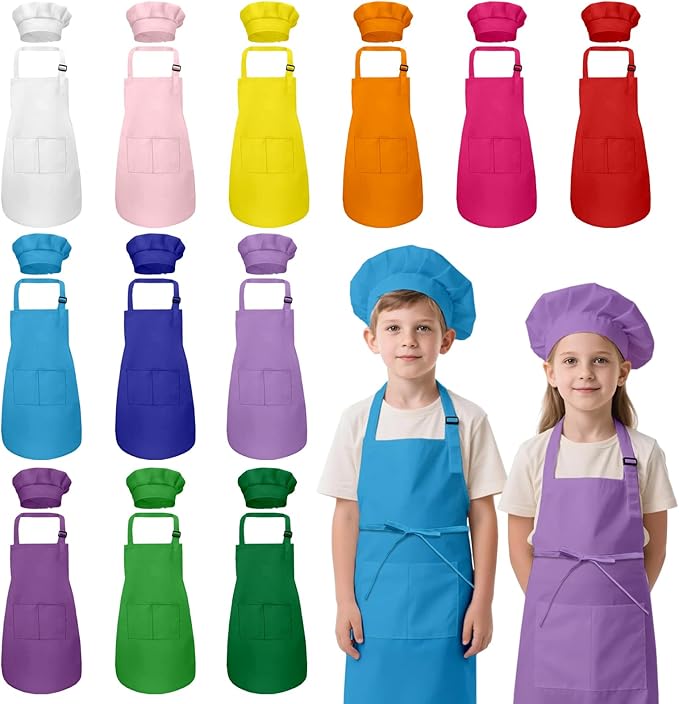 Kids Apron and Chef Hat Set, 24 Pieces Boys Girls Kids Apron with 2 Pockets Adjustable for Cooking Classroom Baking Painting, 6-13 Years, Bright Color