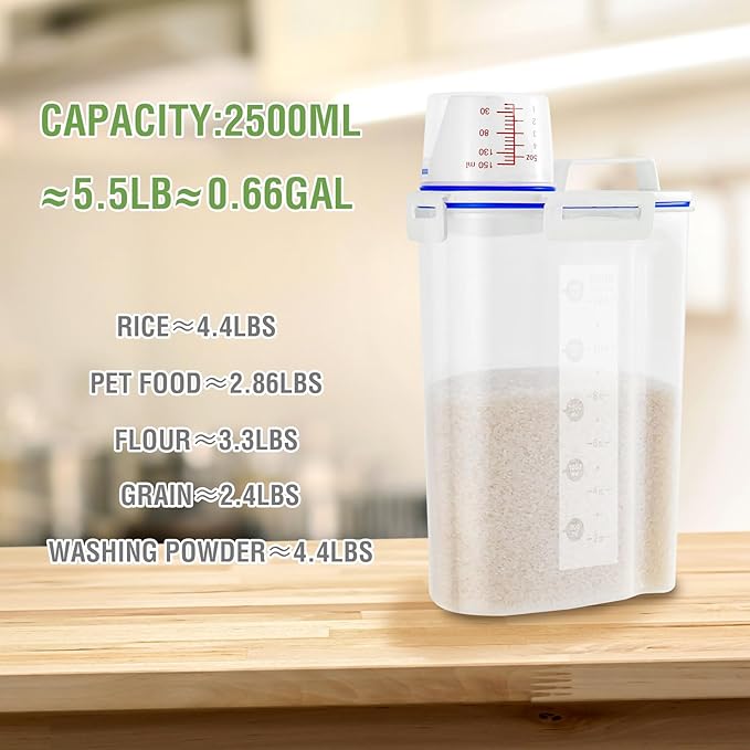 4 Pcs Set Rice Storage Container 5.5lb, Rice Dispenser with Measuring Cup & Pour Spout for Flour Pasta Grain Pet Dog Cat Bird Food Storage Container