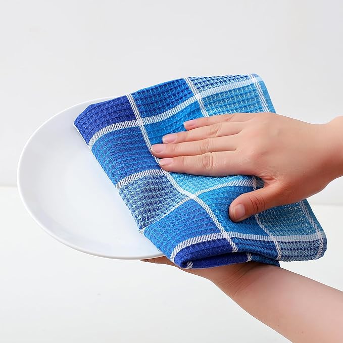Bright Large Kitchen Towels, 4-Pack, 16 Inch x 26 Inch Buffalo Check Dish Towels for Washing Drying Dishes, Colorful Waffle Design Tea Towel Bar Towel (Blue)