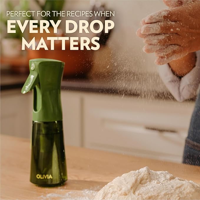 OLIVIA Signature Oil Sprayer for Cooking, 200ml Glass Olive Oil Sprayer, Continuous Cooking Spray with Portion Control, Oil Dispenser for Kitchen, Air Fryer, Salad, BBQ (Green Bottle, Gold Print)