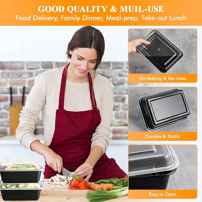 MUCHII 34 oz Meal Prep Containers With Lids, 30 Count To Go, Plastic Disposable Food Containers Microwave and Freezer Safe