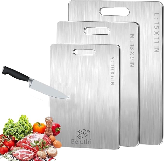 304 Stainless Steel Cutting Board, non toxic cutting boards for kitchen, Dishwasher Safe and Hygienic Heavy Duty Chopping Board for Meat Vegetable Fruit(15"x 11",13"x 9",10"x 6")