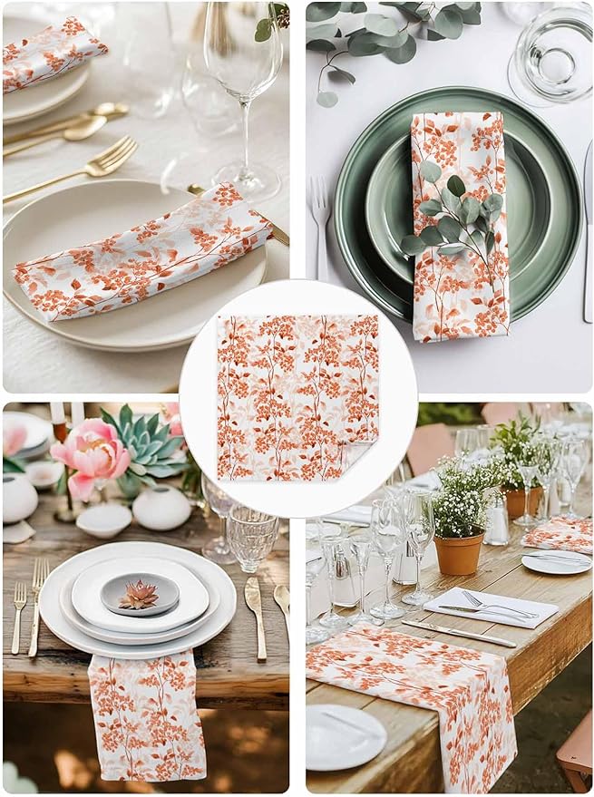 Orange Wildflower Cloth Napkins Set of 6 - Washable Dinner Napkins Reusable Table Napkins for Home Party Weeding Dining Table Setting Decoration,Oversized 20"x20" Flower Floral Botanical Spring Summer
