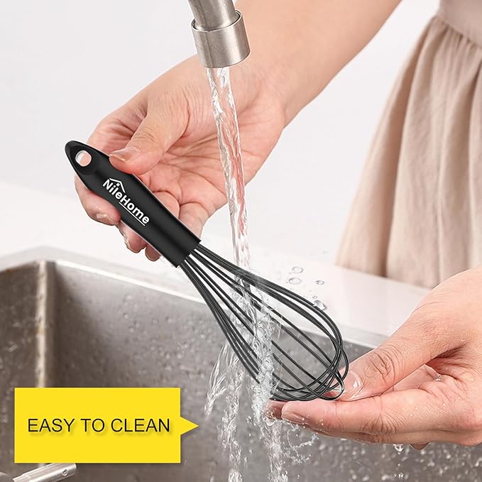 NileHome Silicone Whisk Set 8" 10" Kitchen Whisk Kitchen Wisk Wire Whisks for Cooking, Whisking, Blending, Beating, Stirring-Black